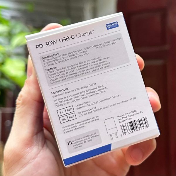 Củ sạc nhanh GaN 30w Synwire, hỗ trợ siêu nhanh PPS
