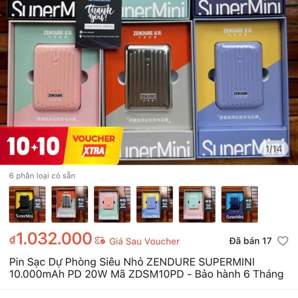 Sạc dự phòng Zendure SuperMini 10.000mAh – Sạc nhanh 20W, thương hiệu USA - Tím